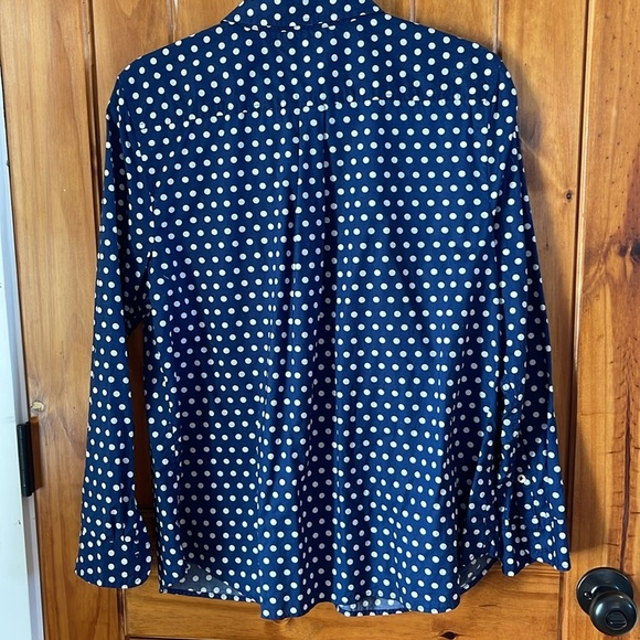 Talbots Petites navy and white Polkadot long sleeve button down LP Cotton large - Picture 2 of 6